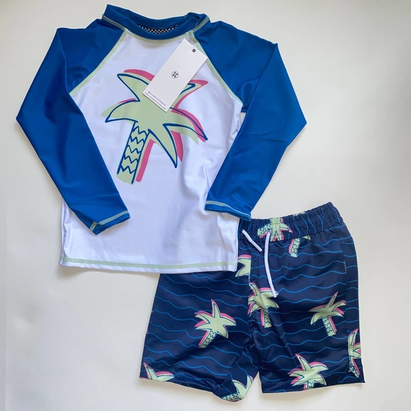 NWT Sovereign Code Toddler Seaside Palms Rash Guard & Swim Shorts Set (Sz 4)